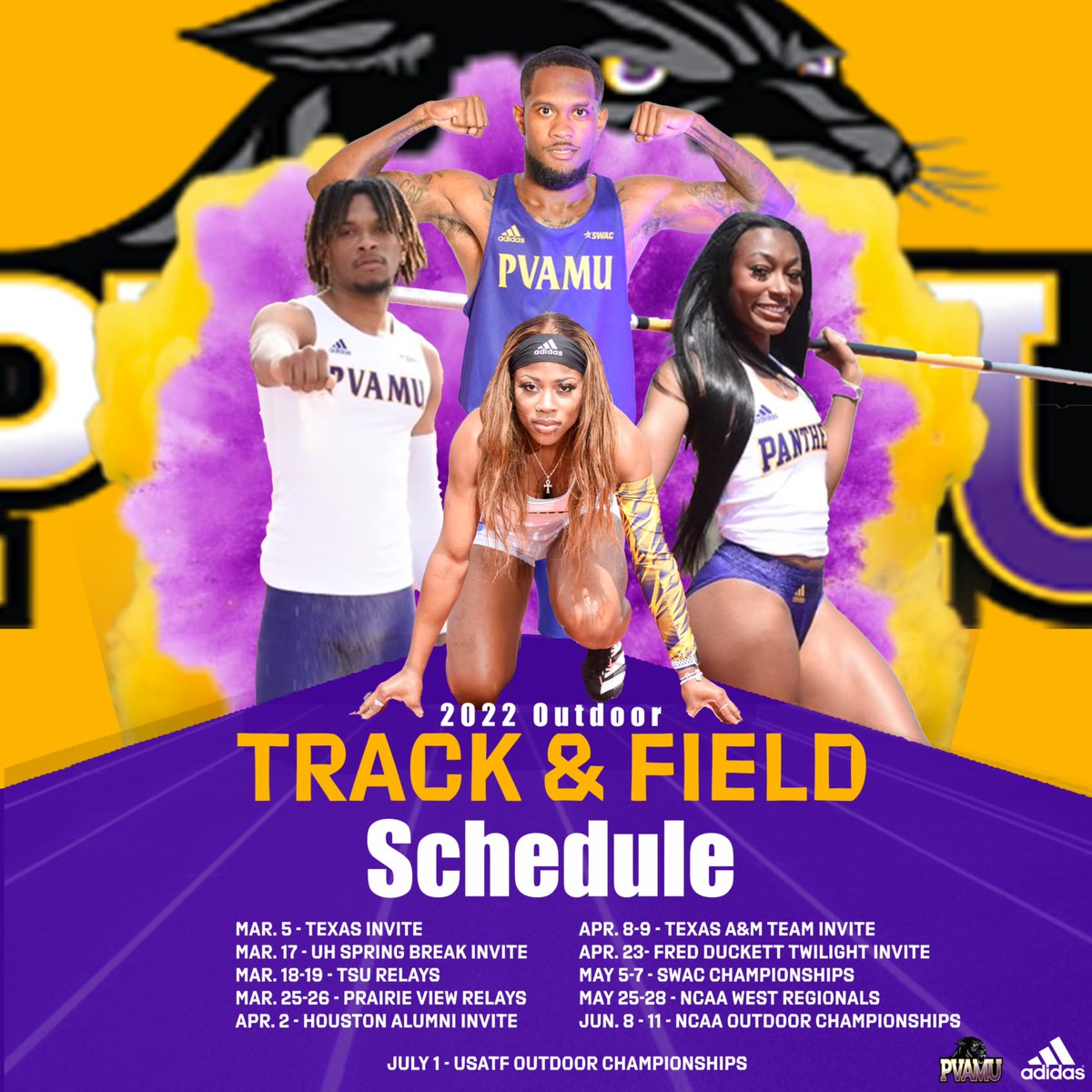 PVAMUPanthersTF's tweet photo. Hello Outdoor Season 👋🏾

2022 Outdoor Track and Field Schedule 🤩💨 
#pvamutf https://t.co/vYCNgpkt6F