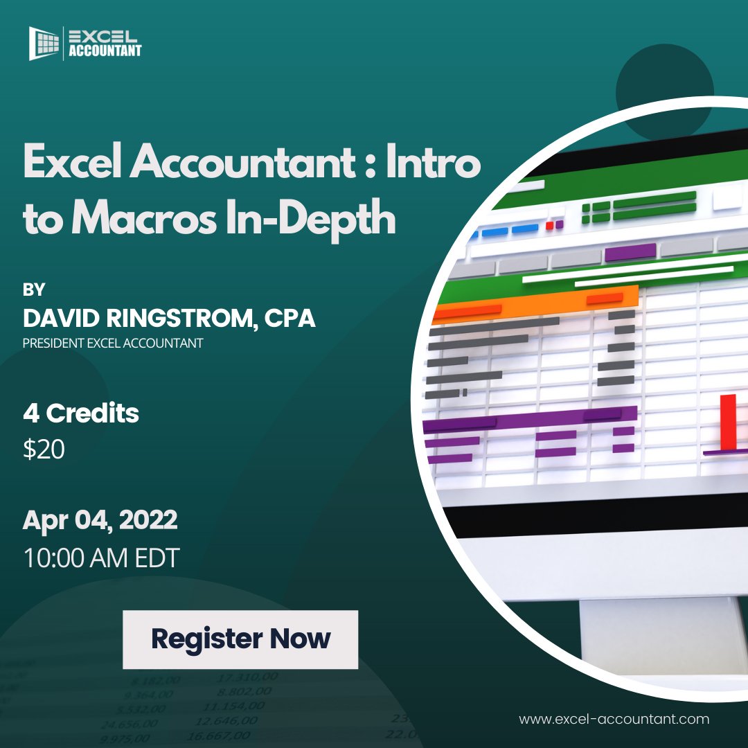 excel_account's tweet image. Join Excel expert David Ringstrom for a webinar "Excel Accountant: Intro to Macros In-Depth" where he will introduce the concept of Excel macros.
 
Register now: bit.ly/2Z4OjjX
  
#excelaccountant #excelmacros #visualbasicapplications #excelshortcut #spreadsheets #excels