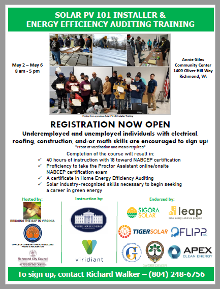 geoyapti's tweet photo. 📢 DATES FOR THE NEXT FREE SOLAR INSTALLATION TRAINING @btgvirginia 

➡️MAY 2-6

Contact Richard Walker (804) 248 - 6756 for more information. 

❤️Please help spread the word❤️
💥We have 20 seats open💥
#SolarJustice
#EnergyJustice
#EconomicJustice
#GreenNewDeal
🔥🌎🔥🌎🔥🌎 https://t.co/H36k0mWad7