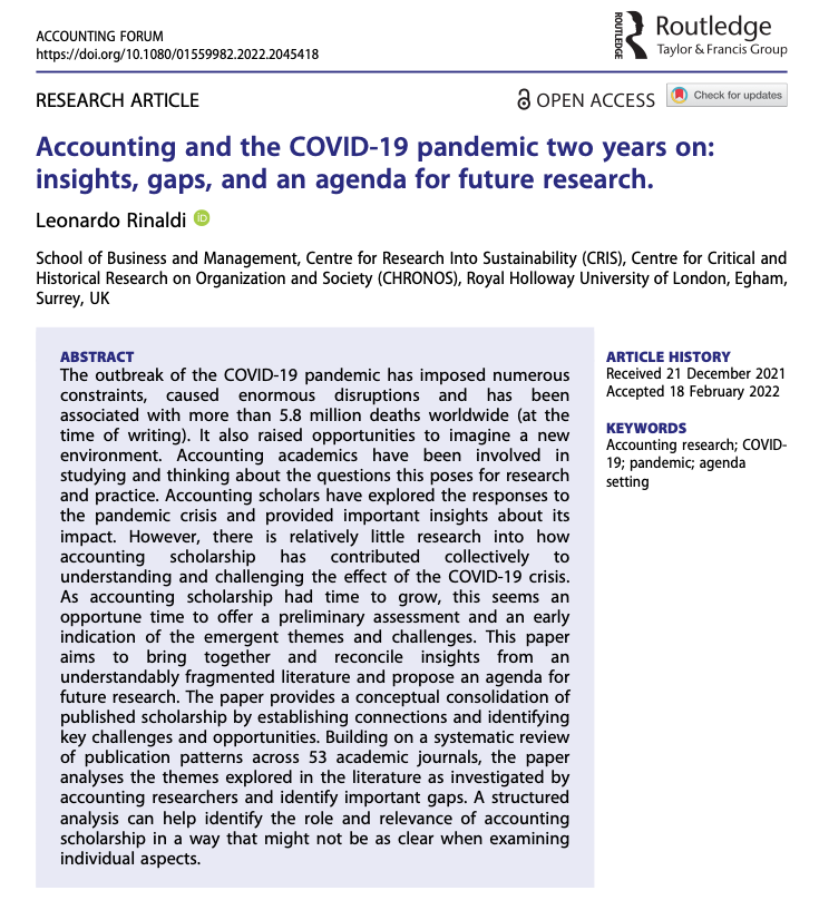 TandF_AccForum's tweet photo. HOT OF THE PRESS: Check out the latest paper in @TandF_AccForum, "#Accounting and the #COVID-19 #pandemic two years on: insights, gaps, and an agenda for future research," by @DrRinaldi_RHUL (@RoyalHolloway)
https://t.co/ni0je12q3r https://t.co/4m9aHYz070