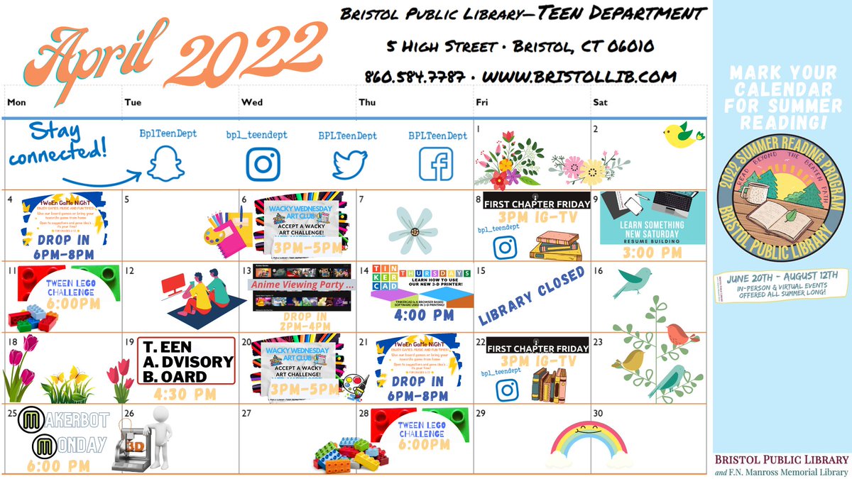 BPLTeenDept's tweet photo. Despite the weather, spring has sprung and so have these fun and exciting APRIL PROGRAMS at the library!
.
.
.
#libraryprograms #bristolctlibrary #youngadultdepartment #freeprogramsforteens #free #freelibraryprograms #stem #art #crafts #artsandcrafts https://t.co/xZNMauO9Bt