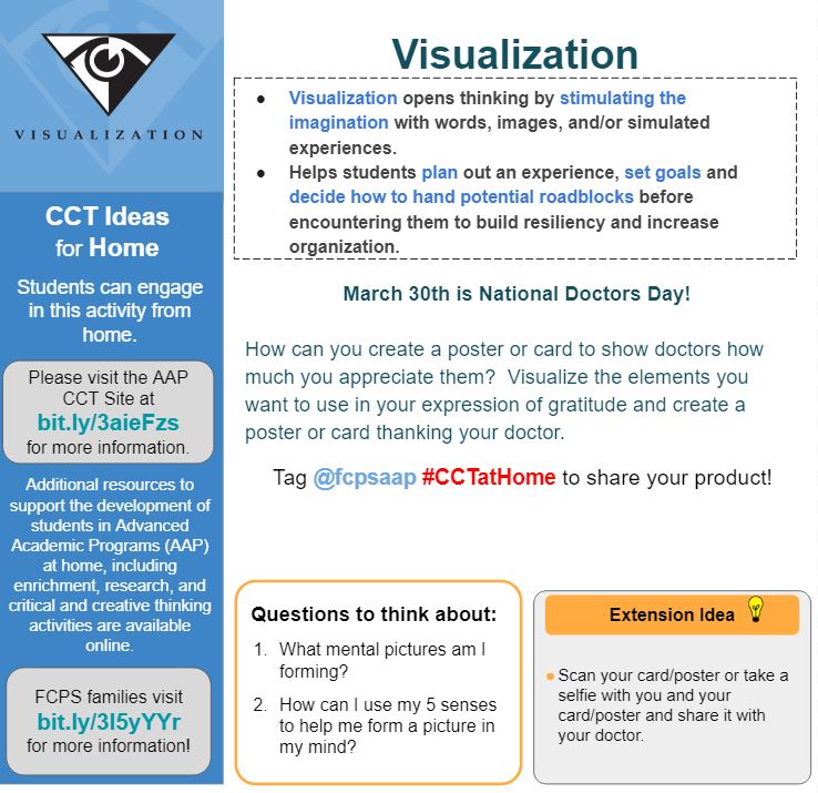 March 30th is #NationalDoctorsDay. This special day honors doctors for their dedication and contributions to society and the community. Use the Visualization strategy to create a poster or card to show doctors how much you appreciate them. Tag <a href="/fcpsaap/">FCPS AAP</a> #CCTatHome 🩺⚕️