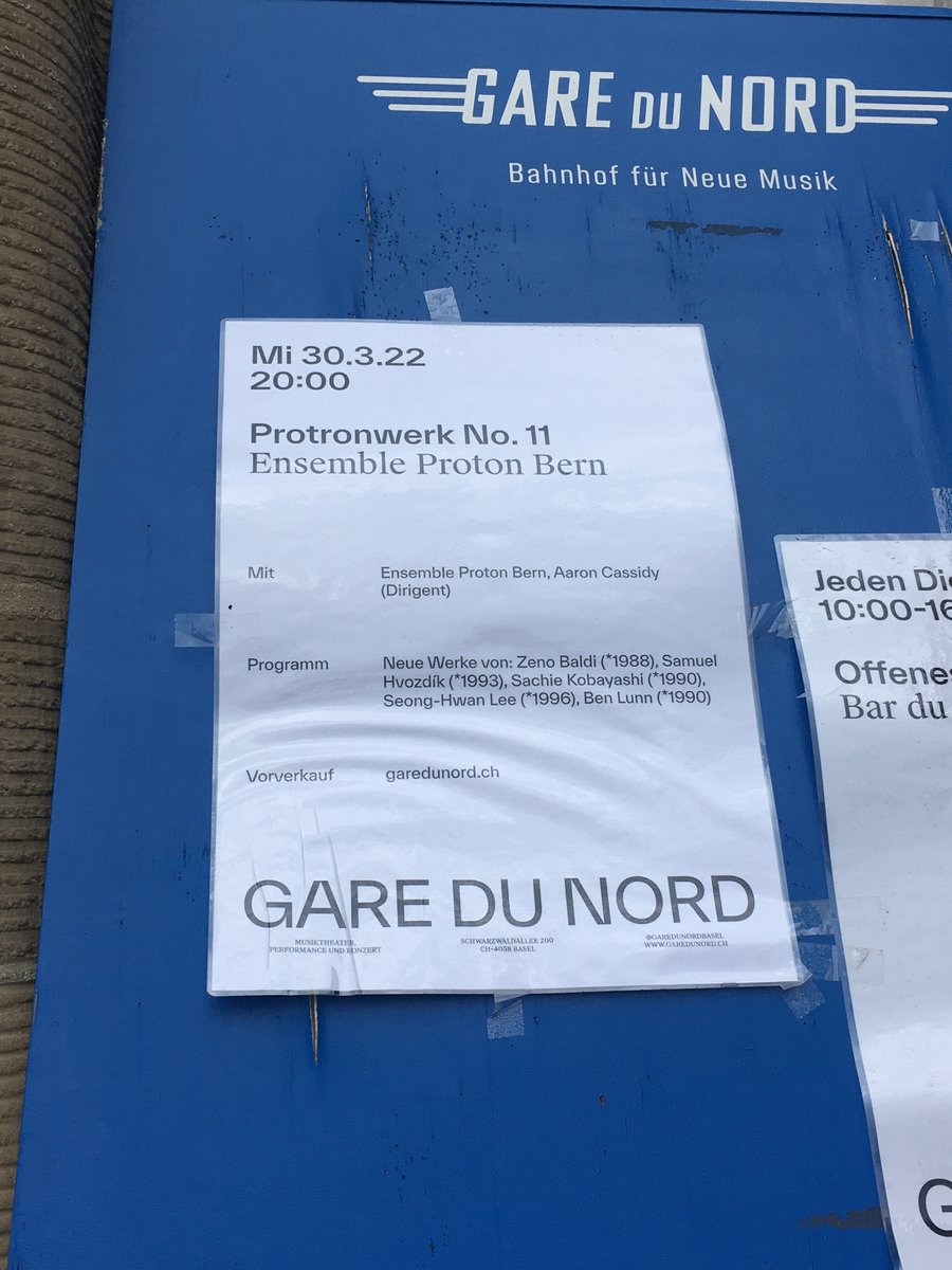 Tonight Protonwerk No. 11, 20.00h, @ Gare du Nord - Bahnhof für Neue Musik!
music by Samo Hvozdík, Ben Lunn, Sachie Kobayashi, Zeno Baldi and Seong-Hwan Lee
garedunord.ch/protonwerk-no1…