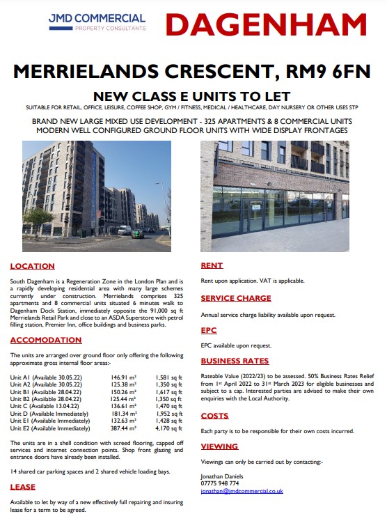 JMDCommercial's tweet photo. New Class E ground floor units to let in #Dagenham #RM9. Ranging from 1,350 sq ft up to 4,170 sq ft. Brand new large mixed use development. 325 apartments above. #shoptolet #officetolet @PIProperty @propertylink @comm_people @realla_co @CoStarUK @CR_Tweets @lbbdcouncil @BDPost https://t.co/nXPIAeWmK6