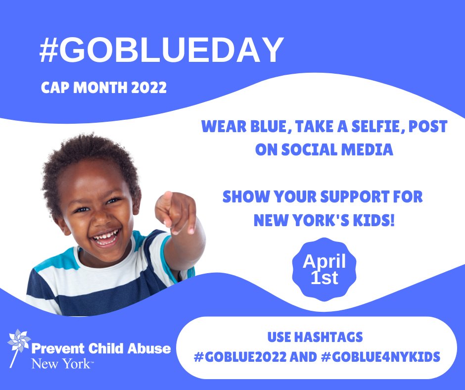 PCA_NY's tweet photo. Join us April 1st! Show your support for NY kids and families by wearing blue. Take a selfie &amp; share it on social media hashtag #GoBlueDay2022 #GoBlue2022

Share your pics w/ us on LinkedIn, Facebook, Instagram, Twitter, or TikTok and tag us @PCA_NY @PreventChildAbuseNewYork https://t.co/q9O5TLzsRz