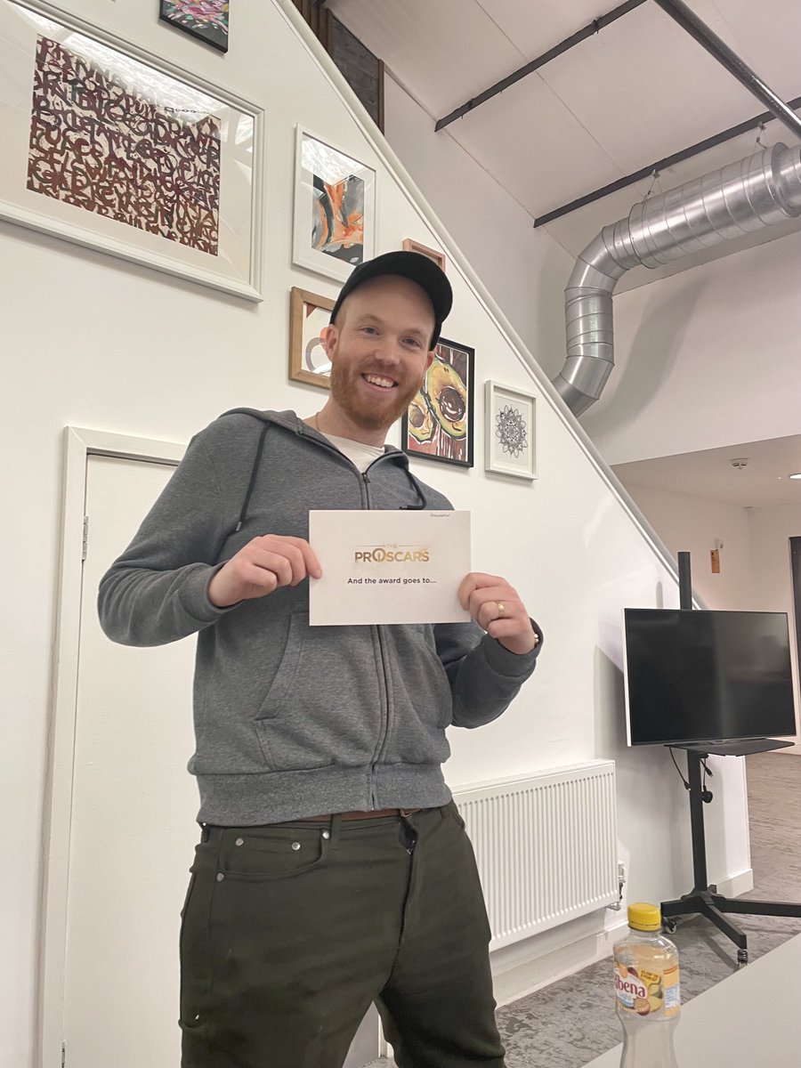 ProctorsBristol's tweet photo. Today we had our quarterly #PrOscars award ceremony, where we celebrate the #innovation, #collaboration and #consideration of our fellow Proctorians. The votes are in and we handed out prizes to our lucky winners. I think it’s safe to say Chris was very happy with the win! https://t.co/Bm6ZNyKoeW