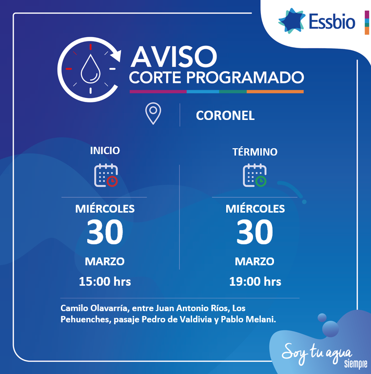essbio's tweet photo. Informamos corte programado hoy en #Coronel para realizar lavado de redes en sector Camilo Olavarría. https://t.co/7is1FfsuyC