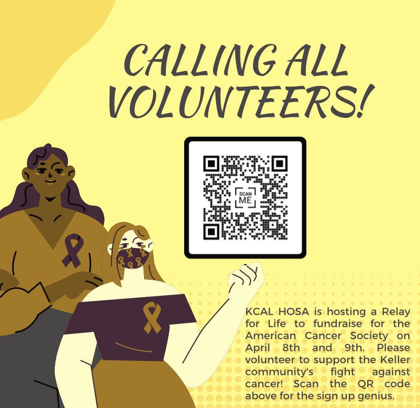 KCAL HOSA is hosting our very first Relay4Life fundraiser! The event is all about raising funds for the American Cancer Society and celebrating cancer survivors. We need volunteers to help set up booths, assist guests, clean up, etc! Please use the QR code to sign up!