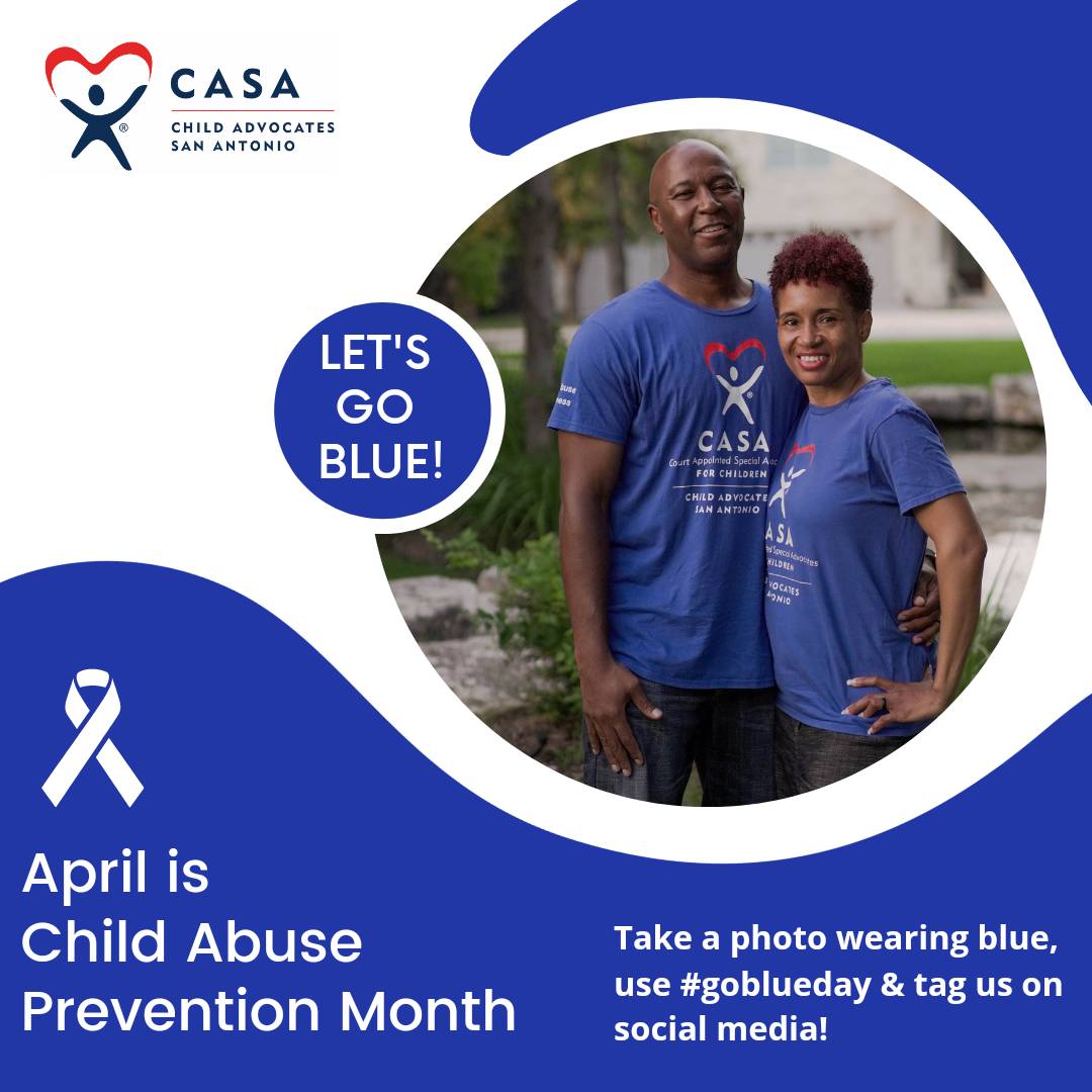 CASA_SATX's tweet image. Go Blue Day is Friday, April 1st &amp;amp; thousands of Texans will wear blue, the official color of prevention, to show their support for ending child abuse. Wear CASA Blue on that day, and encourage your friends, family &amp;amp; colleagues to do the same! Tag us using #goblueday 💙