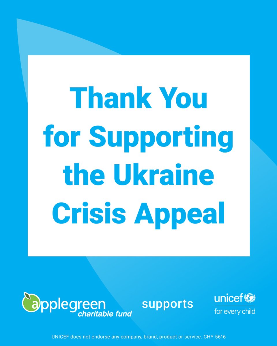 goapplegreen's tweet photo. Thank you to our customers and colleagues who have donated generously to our Ukraine Appeal in aid of UNICEF Ireland. An incredible €108,727.50 was raised. Applegreen will also donate a further €100,000 making a total donation of €208,727.50. All proceeds go directly to UNICEF https://t.co/wIPwv7iNxj