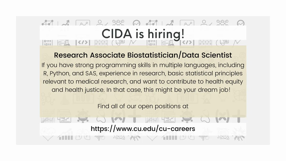 Center for Innovative Design and Analysis (@cidastats) on Twitter photo Be part of a team that works hand in hand with researchers to provide better health for all! We're looking for a Research Associate Biostatistician/Data Scientist. Learn more at buff.ly/3wzQOJy #jobSearch #DataScientists <a href="/CUAnschutz/">CU Anschutz Medical Campus</a> <a href="/ColoradoSPH/">ColoradoSPH</a> <a href="/CUDenver/">CU Denver</a> <a href="/berdsig/">BERDSIG ACTScience</a> Be part of a team that works hand in hand with researchers to provide better health for all! We're looking for a Research Associate Biostatistician/Data Scientist. Learn more at buff.ly/3wzQOJy #jobSearch #DataScientists <a href="/CUAnschutz/">CU Anschutz Medical Campus</a> <a href="/ColoradoSPH/">ColoradoSPH</a> <a href="/CUDenver/">CU Denver</a> <a href="/berdsig/">BERDSIG ACTScience</a>