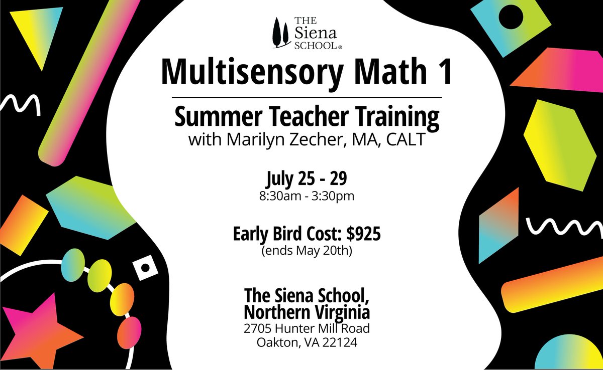 TheSienaSchool's tweet photo. We are partnering with ASDEC and Marilyn Zecher, MA, CALT for a week-long Multisensory Math training course! Learn research-based best practices for teaching mathematically sound, conceptually based, and hands-on mathematics. #MultisensoryMath
Learn more: https://t.co/gEum9vgtzJ https://t.co/cA0R1fOrpA