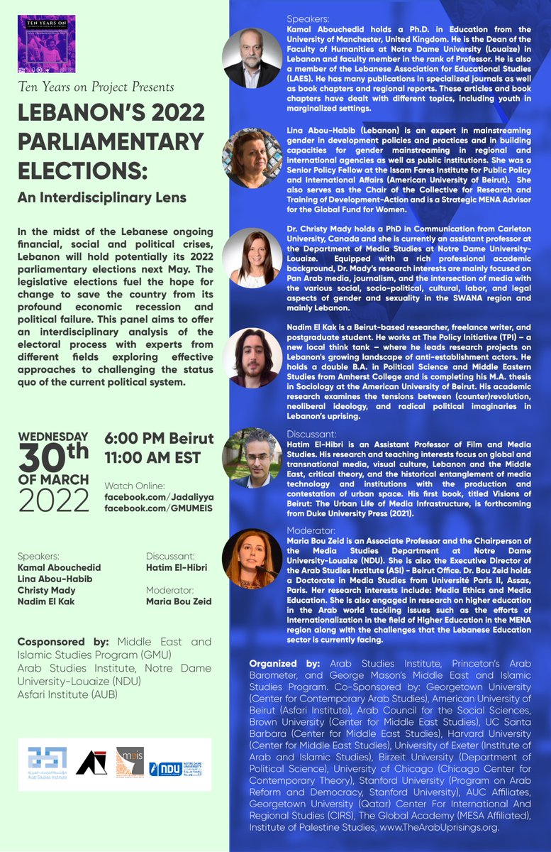One hour to go! 

Join us for the live webinar 'Lebanon's 2022 Parliamentary Elections: An Interdisciplinary Lens’ at 11am EST with <a href="/kabouchedid/">Kamal Abouchedid</a> <a href="/LinaAH1/">Lina Abou-Habib (she/her)</a> <a href="/christymady/">Christy Mady</a> <a href="/NadimElkak/">Nadim El Kak</a> <a href="/says_hatim/">Hatim El-Hibri sayshatim.bsky.social</a> and <a href="/mariabouzeidf/">mariabouzeid</a> 

Tune in at Facebook.com/Jadaliyya