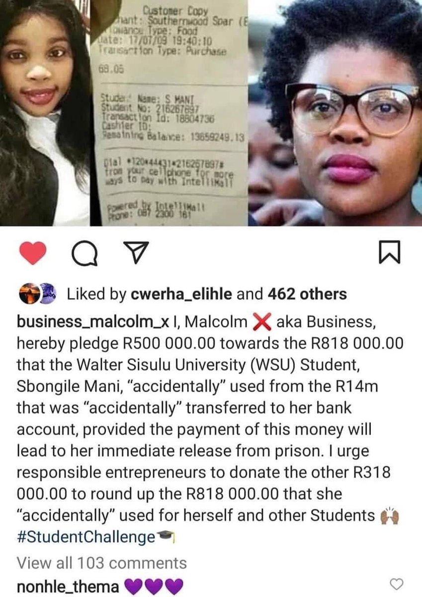 AdvoBarryRoux's tweet photo. Malcolm X has pledged R500,000.00 towards the R818,000.00 that the Walter Sisulu University Student Sibongile Mani accidentally used from the R14m that NSFAS transferred to her bank account. #SibongileMani https://t.co/bDdNW3VWXQ