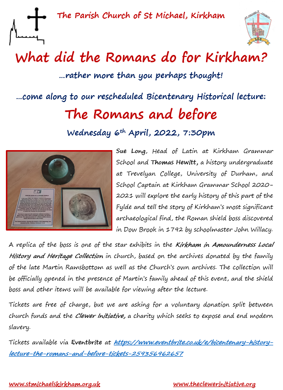 What did the Romans do for Kirkham? 

Tickets remain on sale for our rescheduled Bicentenary History Lecture, now on Wednesday 6th April.

NOTE: All tickets reserved for the original date are still valid.

Details on Eventbrite:- 

eventbrite.co.uk/e/bicentenary-…