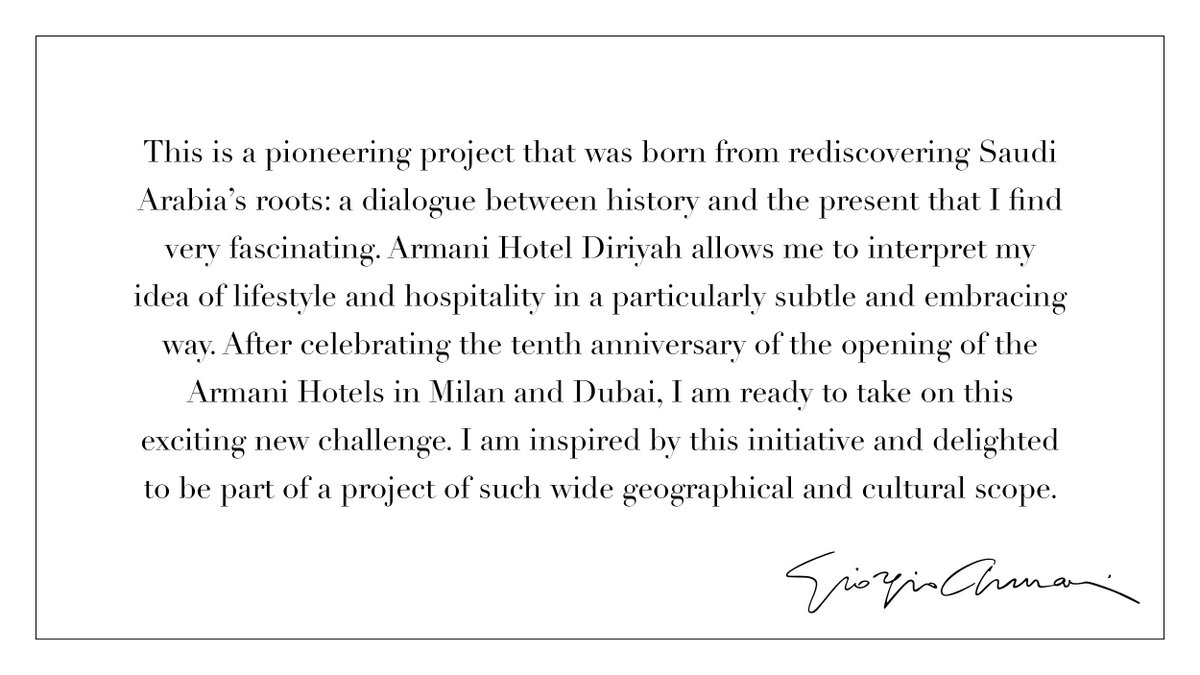 armani's tweet photo. The newest Armani Hotel will open in the Kingdom of Saudi Arabia in Diriyah. The 300 year old site is just 15 minutes from Riyad and adjacent to the UNESCO world heritage site Al-Turaif. The hotel will highlight the historical and natural importance of its location.
#DGDA https://t.co/la9a6fG7MG