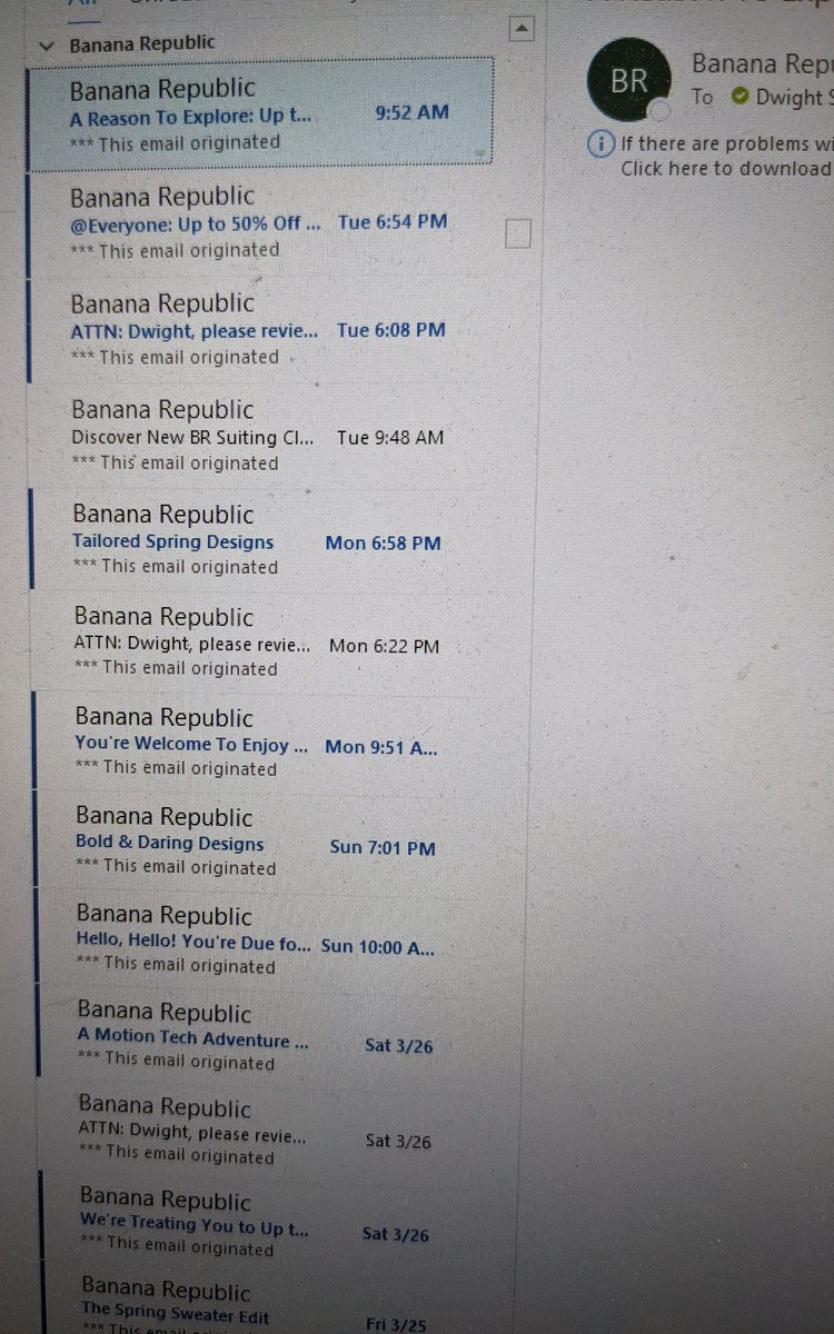 Why <a href="/BananaRepublic/">Banana Republic</a> would you think that I would need 3 emails a day from you? What kind email strategy is this? Drive all new purchasers to op out immediately?