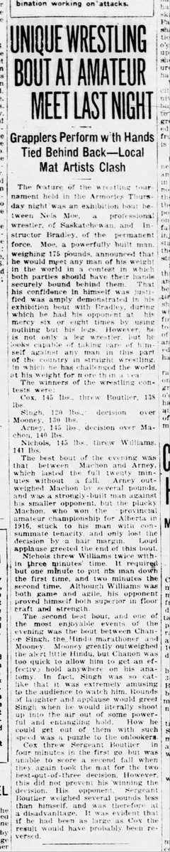 AbSikhHistProj's tweet photo. Chamon Singh arrived in Canada in 1907, and by 1921 he was farming in Calgary. Chamon Singh was also a runner and amateur wrestler. Check out the second last paragraph which describes Chamon Singh's bout! Calgary Herald, January 21, 1921. https://t.co/iudYUXg3Ez