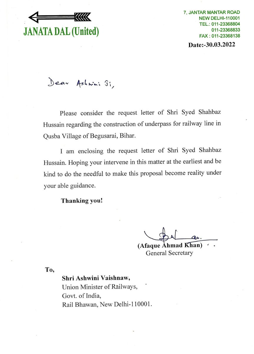 Syed_shahbazamu's tweet photo. Hon'ble @AshwiniVaishnaw Ji and @drmsee1,
Plz, look into the request of @Jduonline national secretary @afaquejdu sb and My DM @DM_Begusarai Ji for the #underground pass bridge for providing a safe journey in Qusba village, Begusarai.
@RailMinIndia 
@officecmbihar 
@ZoramthangaCM https://t.co/StnyFOGEJb