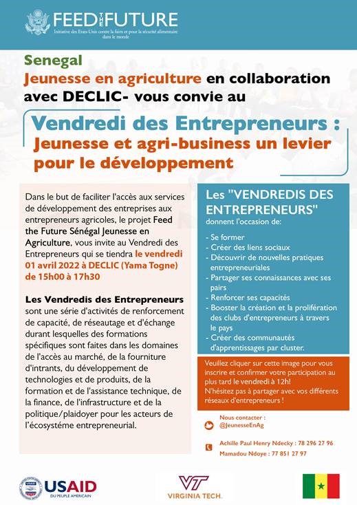 📢Venez nombreux! Vendredi des Entrepreneurs : #Jeunesse et #agribusiness un levier pour le #développement 01 avril <a href="/DECLICsud/">DECLIC</a> 
de 15h à 17h30