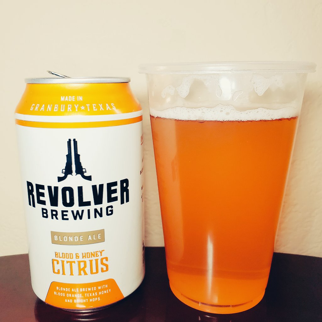 CraftBeerLove10's tweet photo. Last night, I had @RevolverBrewing Blood &amp; Honey Citrus Blonde Ale. With 4.5% ABV, you can also smell the citrus when opening the can. Will taste great for the hot Texas summer ahead! #Beer #CraftBeer #Texas #Ale https://t.co/Cb54tw8pvq