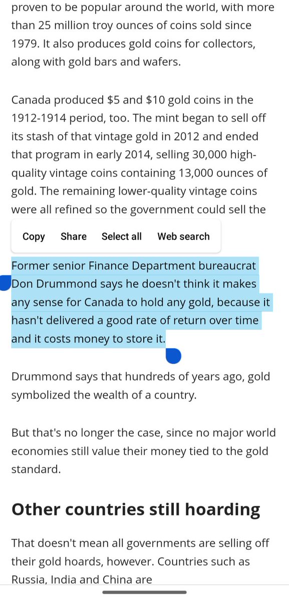 I'm old enough to remember this. 🤦‍♂️

X 

#cdnpoli #goldbullion

Ottawa sells off almost all its gold reserves, leaving just 77 ounces — or less | CBC
cbc.ca/news/business/…