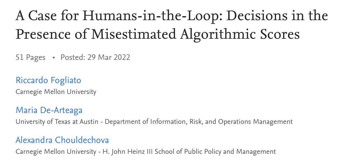 After 2 years of work, our extended analysis of our CHI’20 paper is ready and the preprint is available! And we still want to make A Case for Humans-in-the-Loop (joint w/ Riccardo Fogliato &amp; <a href="/achould/">Alex Chouldechova</a> )🧵 
papers.ssrn.com/sol3/papers.cf…