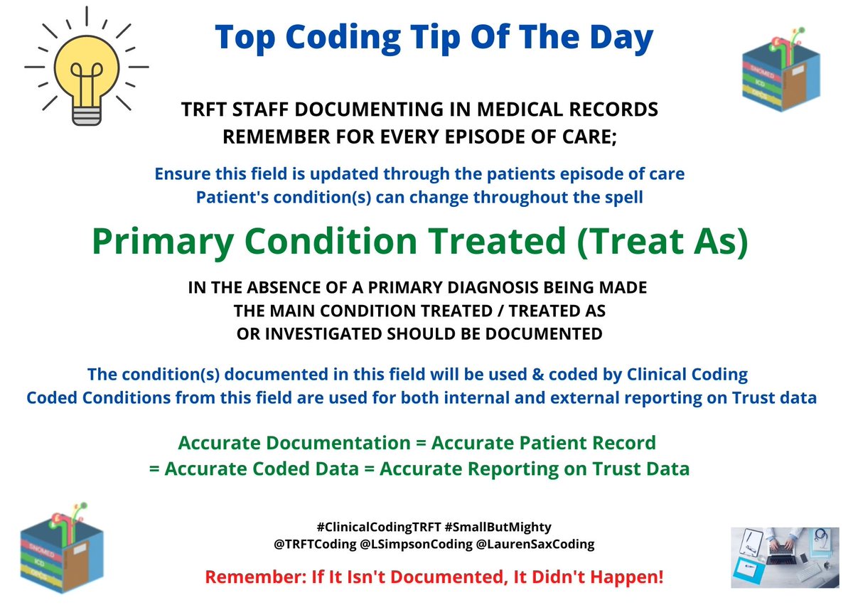 TRFT Clinical Coding Team (@trftcoding) on Twitter photo Support Clinical Coding & Clearly Document: Primary Condition Treated (Treat As) πππ₯οΈπ· <a href="/RotherhamNHS_HI/">HealthInformaticsRFT π</a> <a href="/RotherhamNHS_FT/">The Rotherham NHS FT</a> <a href="/LSimpsonCoding/">LisaSimpsonCoding</a> <a href="/LaurenSaxCoding/">LaurenSaxtonCoding</a> Support Clinical Coding & Clearly Document: Primary Condition Treated (Treat As) πππ₯οΈπ· <a href="/RotherhamNHS_HI/">HealthInformaticsRFT π</a> <a href="/RotherhamNHS_FT/">The Rotherham NHS FT</a> <a href="/LSimpsonCoding/">LisaSimpsonCoding</a> <a href="/LaurenSaxCoding/">LaurenSaxtonCoding</a>