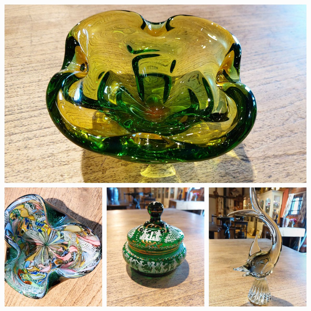 #tuttifruttiglass #bohemianglass #venetianglass #muranoglass #chesterfieldstool #antiqueoakbench #judismithantiques #eversleybarnantiques