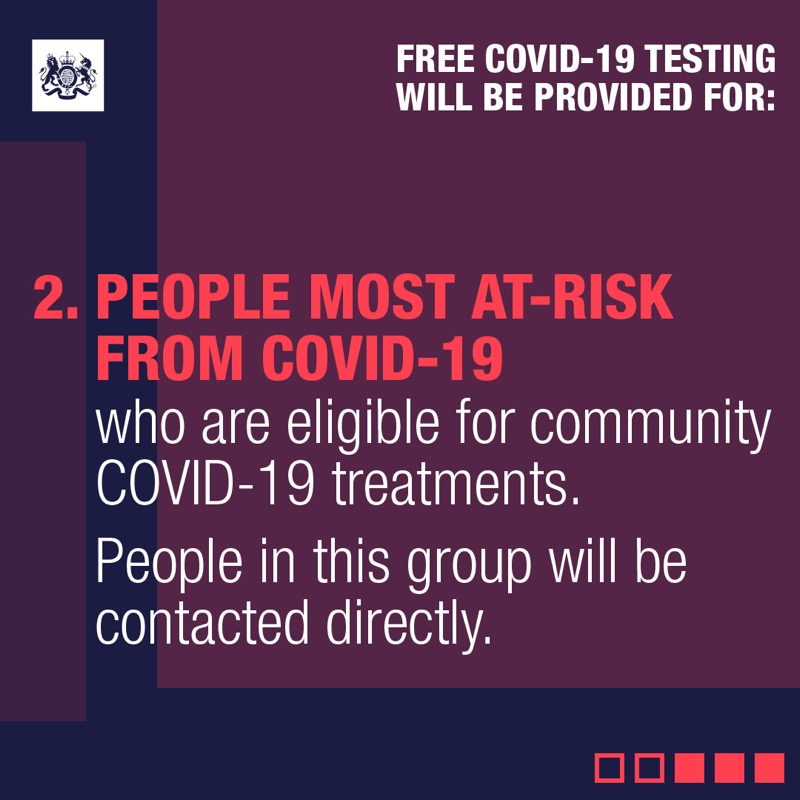 NHSuk's tweet photo. From 1 April, free #COVID19 testing will be available for people with symptoms if they are:
▶️ patients in hospital
▶️ eligible for treatments because they are at higher risk of getting seriously ill
▶️ living or working in high-risk settings such as care homes or the NHS.