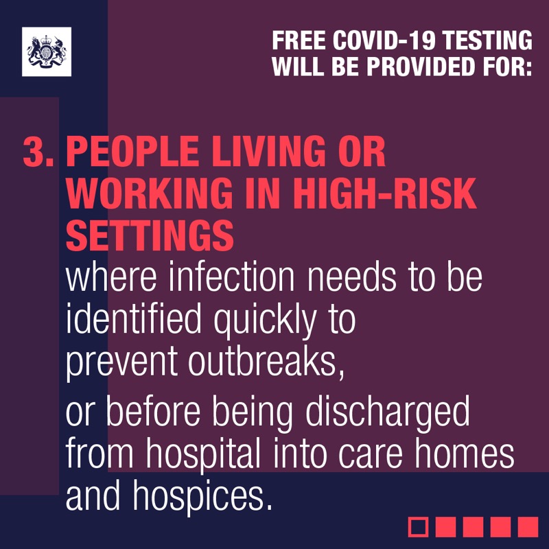 NHSuk's tweet photo. From 1 April, free #COVID19 testing will be available for people with symptoms if they are:
▶️ patients in hospital
▶️ eligible for treatments because they are at higher risk of getting seriously ill
▶️ living or working in high-risk settings such as care homes or the NHS.