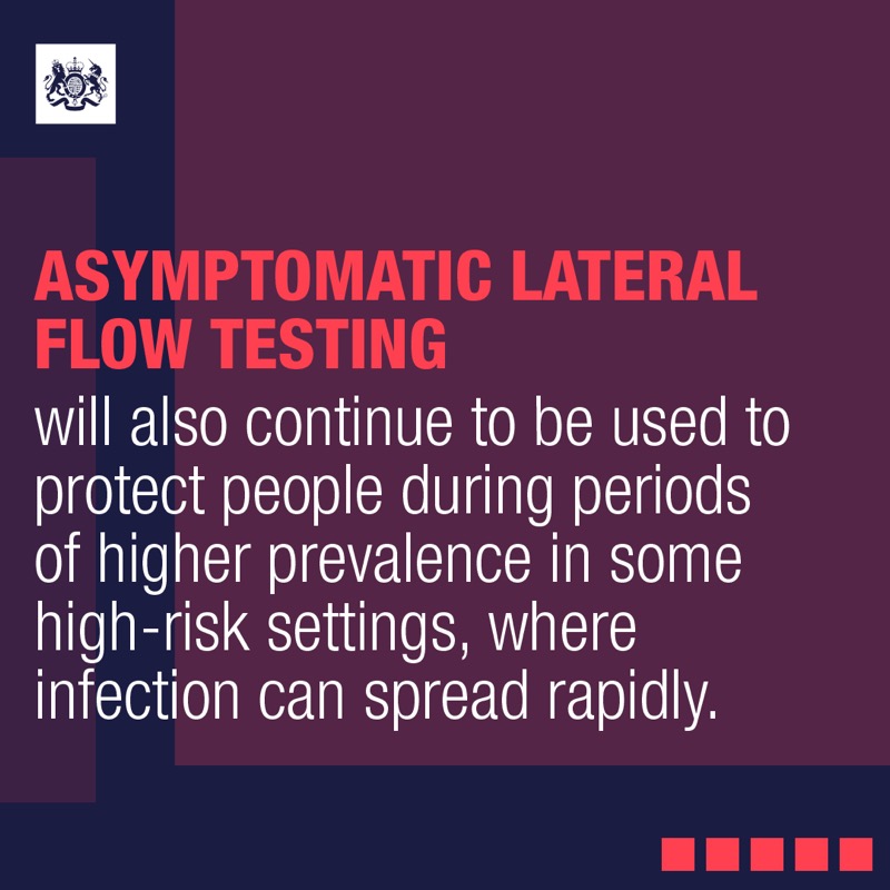 NHSuk's tweet photo. From 1 April, free #COVID19 testing will be available for people with symptoms if they are:
▶️ patients in hospital
▶️ eligible for treatments because they are at higher risk of getting seriously ill
▶️ living or working in high-risk settings such as care homes or the NHS.