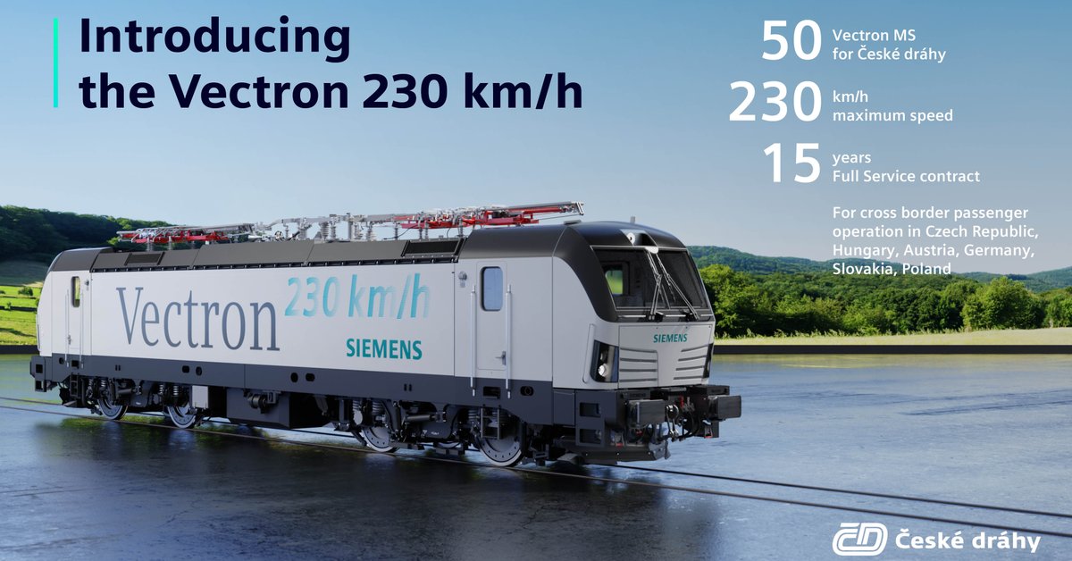 SiemensMobility's tweet photo. Congratulations @ceskedrahy_ for ordering 50 of our fastest #Vectrons yet: this loco can go up to 230 km/h sustainable travel for passengers across Europe. Read more ⤵️ #sustainability