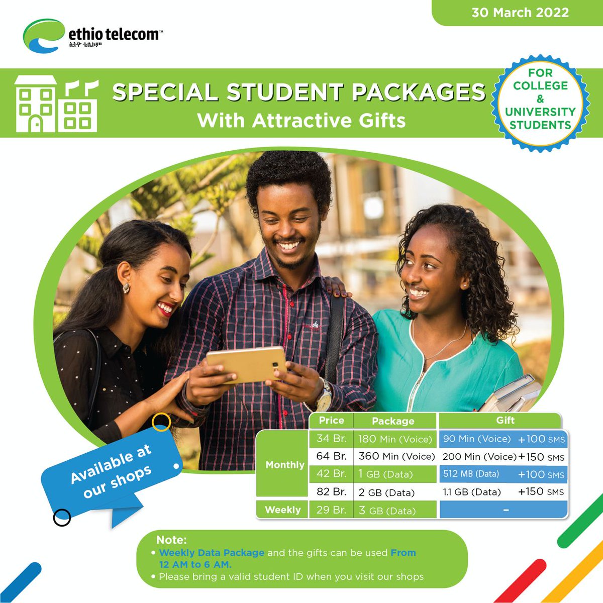 ethiotelecom's tweet photo. Dear College and University students
We have come up with a special STUDENT PACKAGE with attractive gifts.
#Studentpackage #Ethiotelecom https://t.co/Di4eDtFt9h