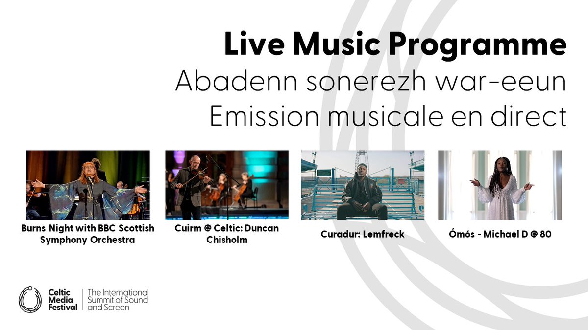 CelticMediaFest's tweet photo. The nominees for #LiveMusicProgramme:
Burns Night with BBC Scottish Symphony Orchestra @BBCScotland @bbcscotcorp
Cuirm @ Celtic: Duncan Chisholm @beezrstudios @bbcalba @DuncanWChisholm
Curadur: Lemfreck @thinkorchard @S4C @LemFreck
Ómós - Michael D @ 80 @AniarTV @TG4TV https://t.co/XXjHEtHmyk