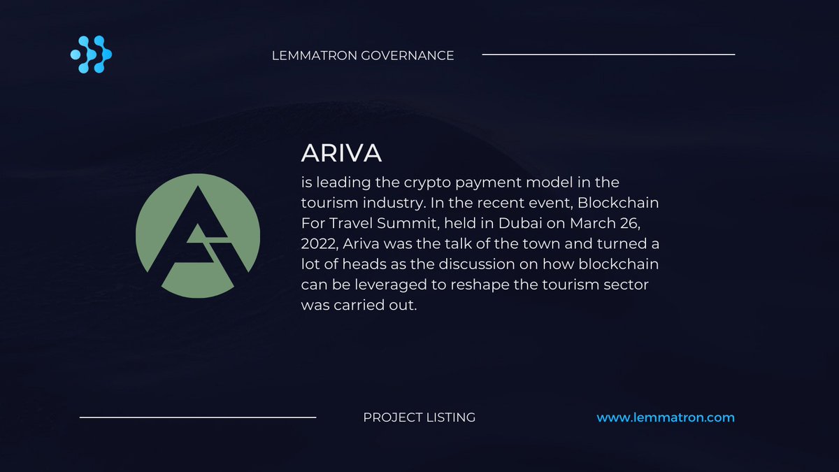 PROJECT REVISITED: 
Ariva: Powering tourism with blockchain ✈️
Listed for our first liquidity governance 🌊
 
<a href="/ArivaCoin/">Ariva Digital</a> #Ariva $ARV #lemmatron #LEMA