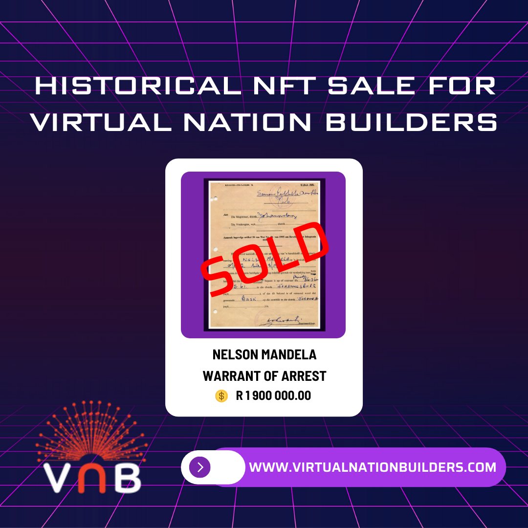VNB_Meta2021's tweet photo. Virtual Nation Builders, in partnership with NFT Auditors,Β made history this weekend at the Momint NFT Auction. Nelson Mandela's Warrant of Arrest was sold as aΒ NFT for R1,9 million.Β https://t.co/sHklFbUJPP
#nft #nftauction #nelsonmandela #momint #virtualnationbuilders https://t.co/vvpIMbtYsq
