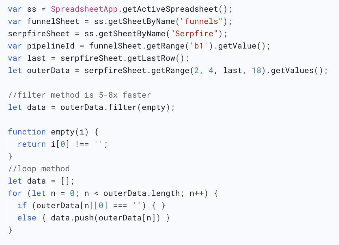 noahlearner's tweet photo. I know this might be basic for most of you, but using .filter() to filter rows in a sheet that have values is 5-8x faster than looping through each row. https://t.co/99Rvq5E0Jn