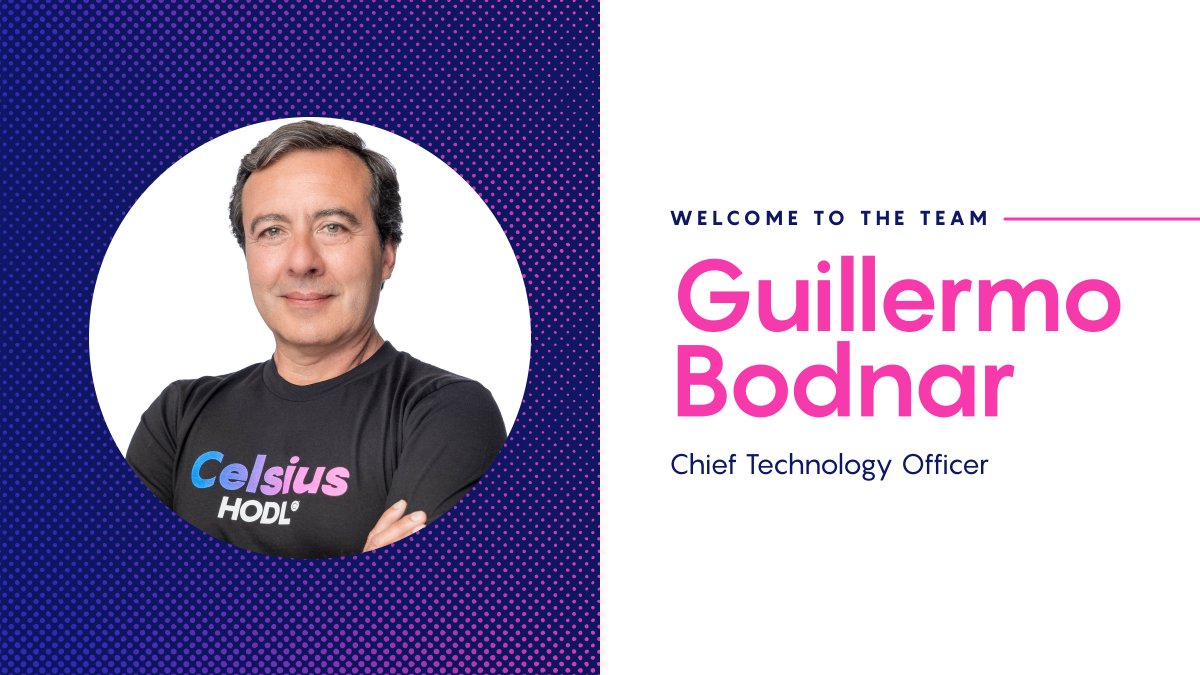 CelsiusNetwork's tweet photo. Celsius is pleased to announce that we are strengthening our leadership team with the addition of Guillermo Bodnar as Chief Technology Officer. @GuilleBodnar https://t.co/OIPWNLAvfU