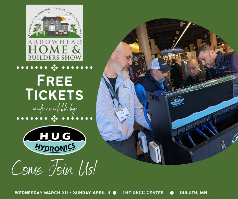 HUGLLC's tweet photo. We'll be at the Arrowhead Home &amp; Builders Show starting TODAY! We've got free tickets to give away. All you gotta do is let us know! 
See you there! 

#duluth @deccduluth #homeshow https://t.co/4fy6Er1251