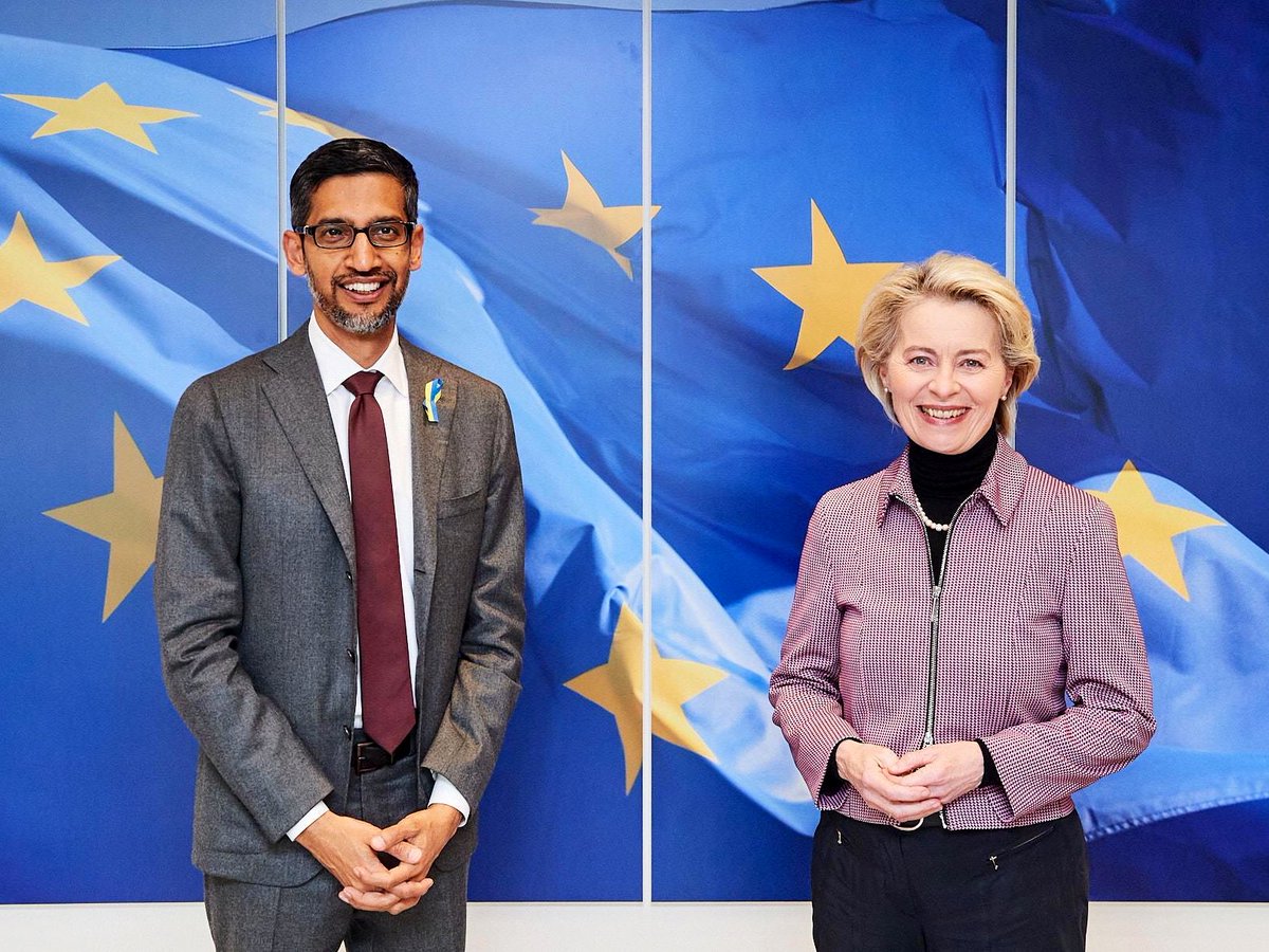 vonderleyen's tweet photo. Very constructive discussion with @sundarpichai of Google.

Transatlantic cooperation is key to counter cyber threats and disinformation by Russia. 

We welcome Google’s work with Ukrainian refugees. 

And we aim for a sustainable digital transition in Europe. https://t.co/9GrG7S97YX