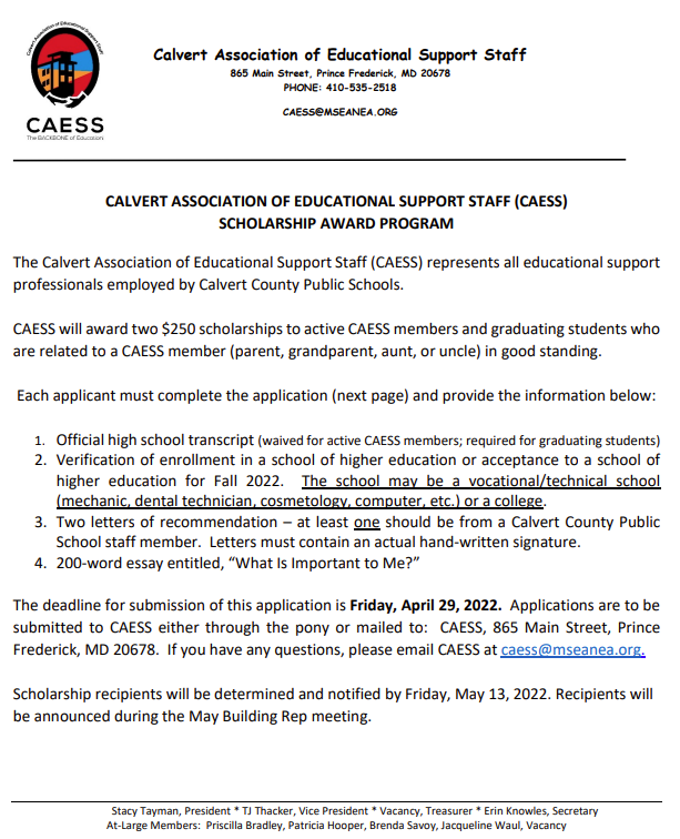 Scholarship Opportunity! Calvert Association of Educational Support Staff. Deadline for submission is Friday, April 29th. More info can be found on the HHS Guidance Blog!