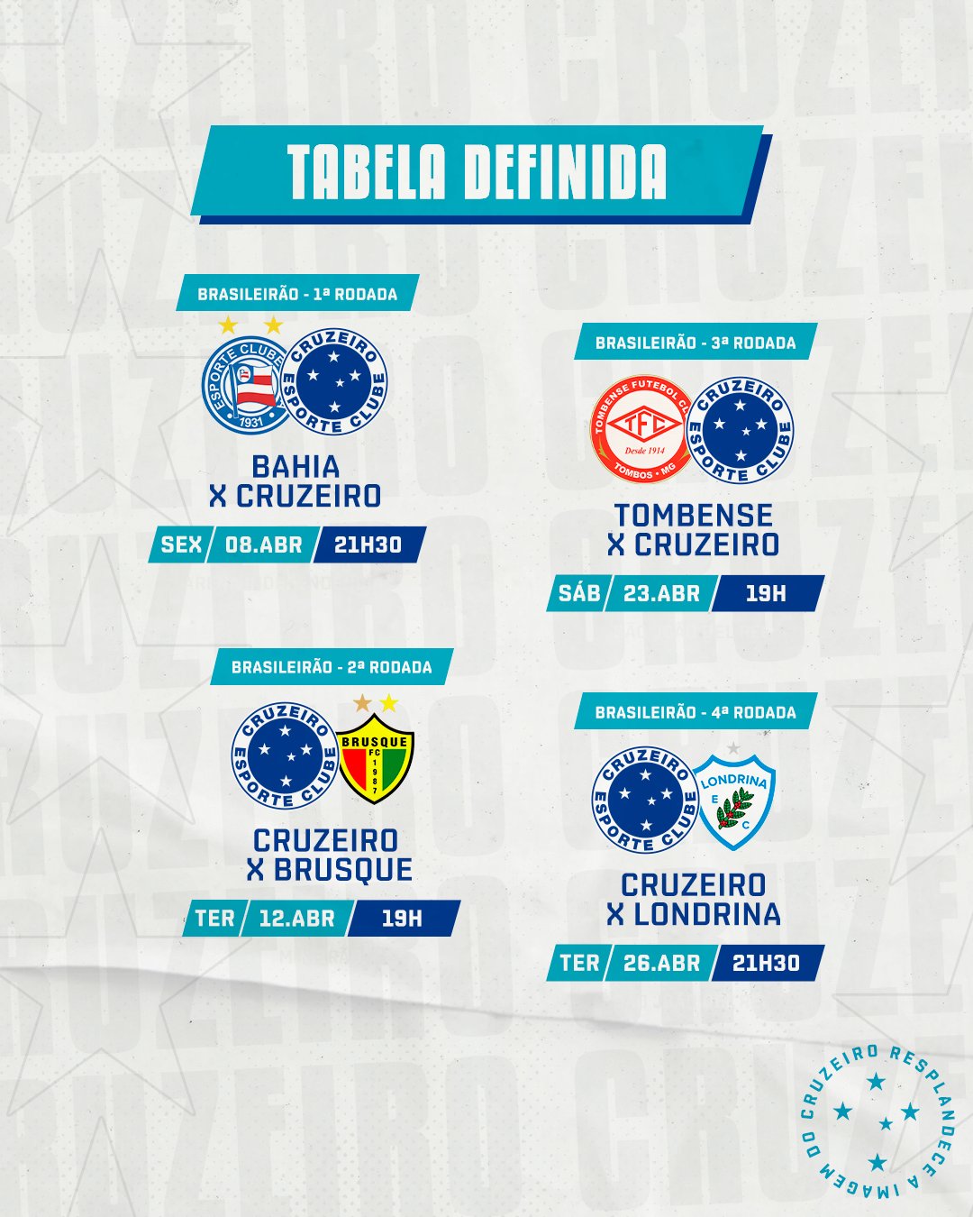 Agenda: confira os próximos jogos do Cruzeiro