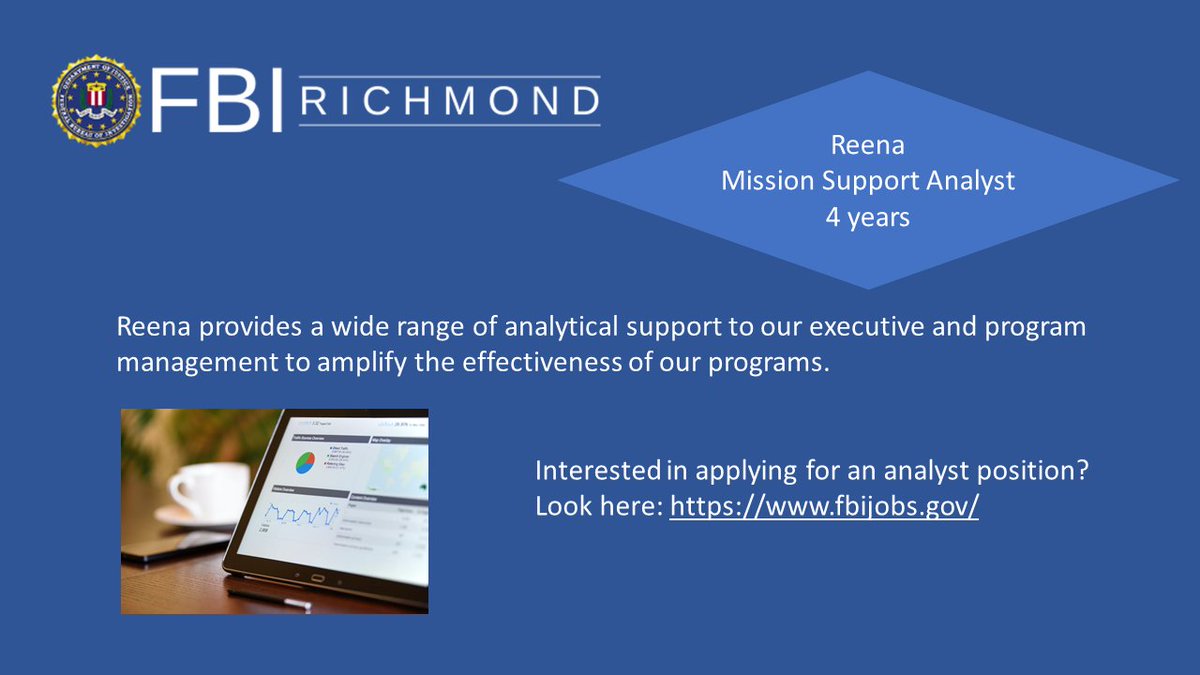 FBIRichmond's tweet photo. Are you detail oriented? Articulate? Have a passion for spreadsheets and pie charts? This #FBIJob may be for you.
When you're ready to apply for an analyst position and join our #team, look here: https://t.co/G06MvZBr6B.
#FBIRichmondWomen https://t.co/FYJRwiApuT