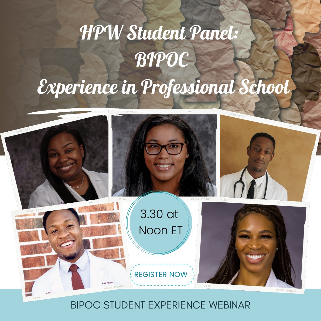 healthprofweek's tweet photo. Today at Noon ET! Don't miss this very special presentation BIPOC Experience in Professional School. Register now so you don't miss out: https://t.co/LCFYr3tSsF #SpringHPW #RepresentationMatters https://t.co/djGcbhjz5c