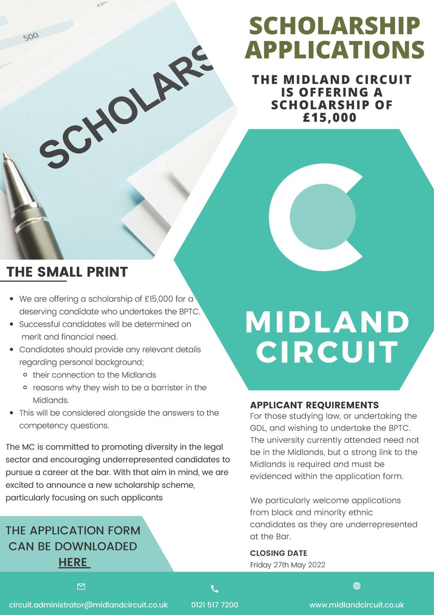 Midland Circuit Women's Forum (MCWF) (@mcwomensforum) on Twitter photo Midland Circuit is launching a scholarship of £15,000 for a Bar Student this year - see details AT midlandcircuit.co.uk/downloads <a href="/midland_circuit/">Midland Circuit</a> <a href="/BarForAll/">Midland Circuit Social Mobility Committee</a> Please let students know! Midland Circuit is launching a scholarship of £15,000 for a Bar Student this year - see details AT midlandcircuit.co.uk/downloads <a href="/midland_circuit/">Midland Circuit</a> <a href="/BarForAll/">Midland Circuit Social Mobility Committee</a> Please let students know!