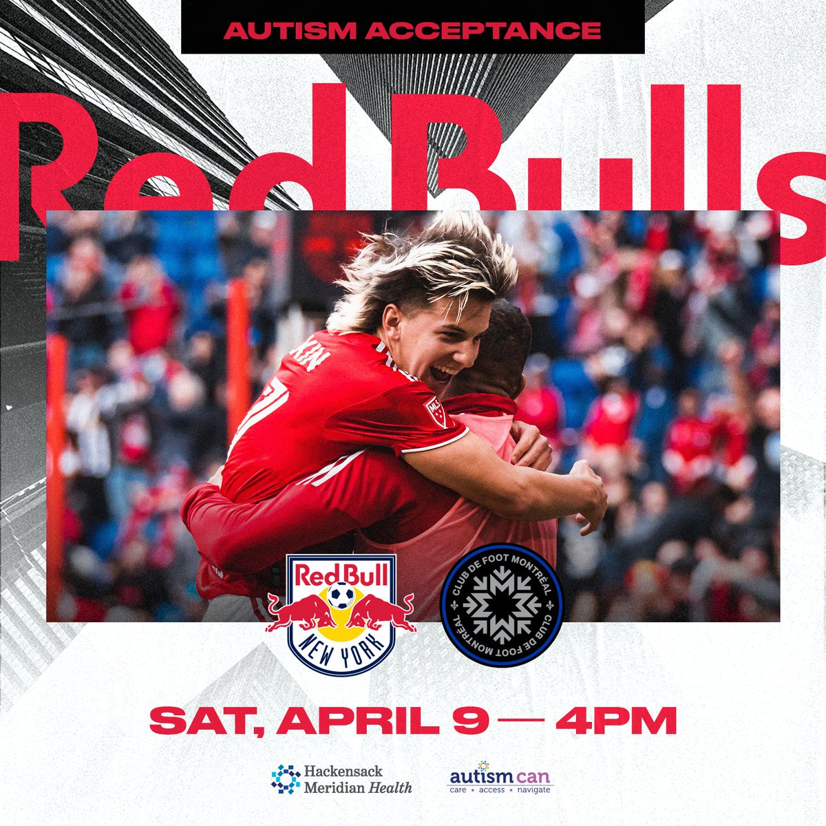 NewYorkRedBulls's tweet photo. Our Autism Acceptance match, pres. by @HMHNewJersey, is April 9! 

ℹ️ | https://t.co/spQ1xXu250
🎟 | https://t.co/vX5aAUzqD8

All ticket purchases though this link will include a $3 donation to Autism CAN.

#RedRunsDeep | #RBNY https://t.co/aKmA1IbpJa