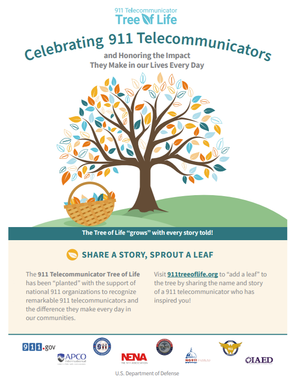 911derwomen's tweet photo. The #911TreeofLife is "nurtured" through story submissions about #911telecommunicators who have made a difference. Add your βleafβ to the tree today! https://t.co/a5PbW0R8rB
@911NENA911 @APCOIntl @nasna911 @NG911Institute @TheIAED #911TreeOfLife #ThankYou911 #911derWomen https://t.co/2wFmjcpSDI