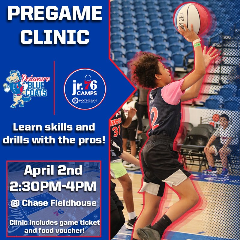 blue_coats's tweet photo. another @Jr76ersCamps pregame clinic this weekend @TheChaseFH! 🏀

the clinic will take place this Saturday, April 2nd before our game against the Wisconsin Herd.

🔗 registration ends tonight at midnight. https://t.co/kSpdhiWHNo

#GetYourCoatsOn https://t.co/46ZWisgMrD