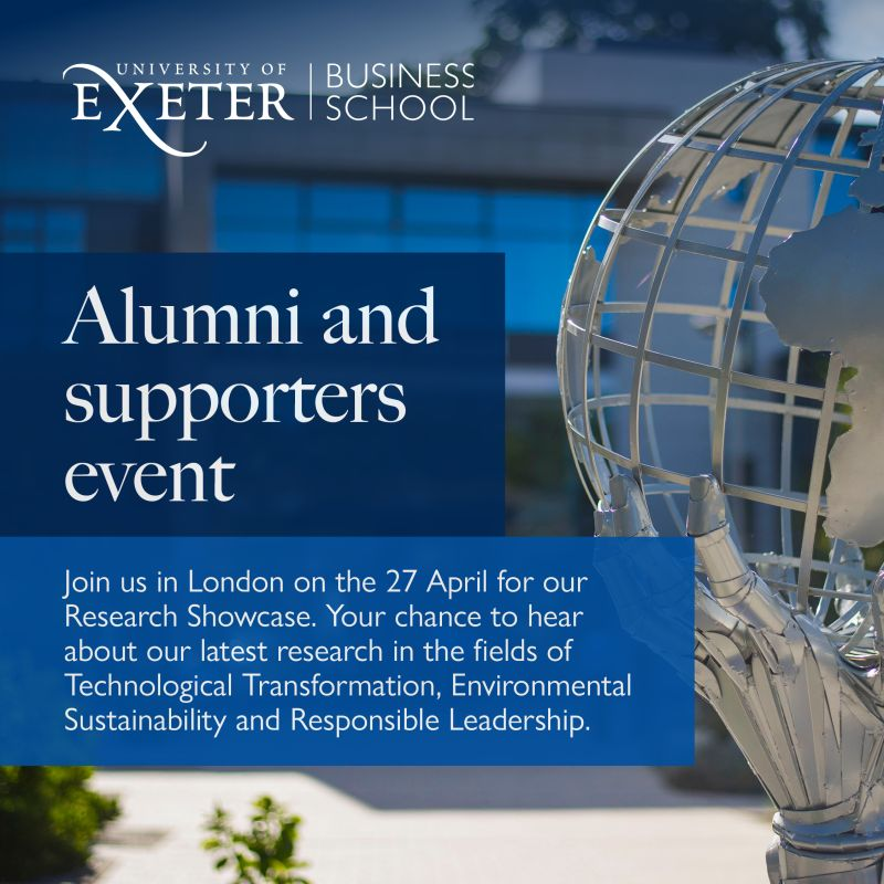 A unique opportunity to join us in London to hear about some of the most cutting-edge research from 
<a href="/UofEBusiness/">University of Exeter Business School</a>
 in the areas of #TechnologicalTransformation, Environmental #Sustainability and Responsible #Leadership 
Places available here: exeter.ac.uk/news/events/de…